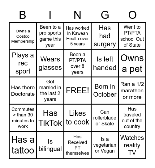 Physical Therapy Month Bingo Card