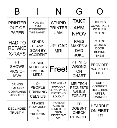 BARBOUR ORTHO Bingo Card