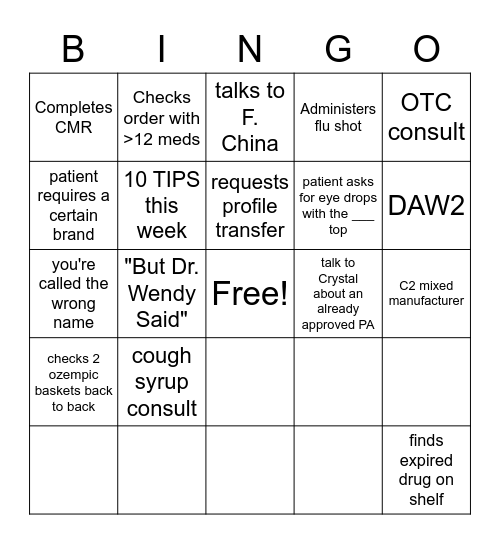 Pharmacist BINGO Card