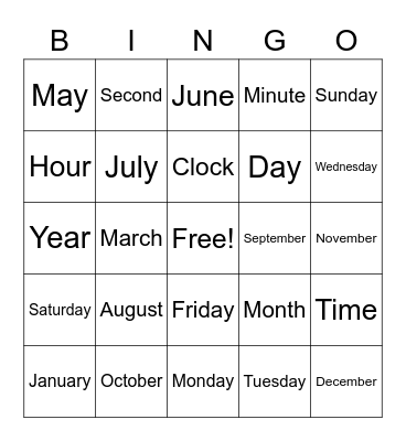 Days, Months, Times Bingo Card