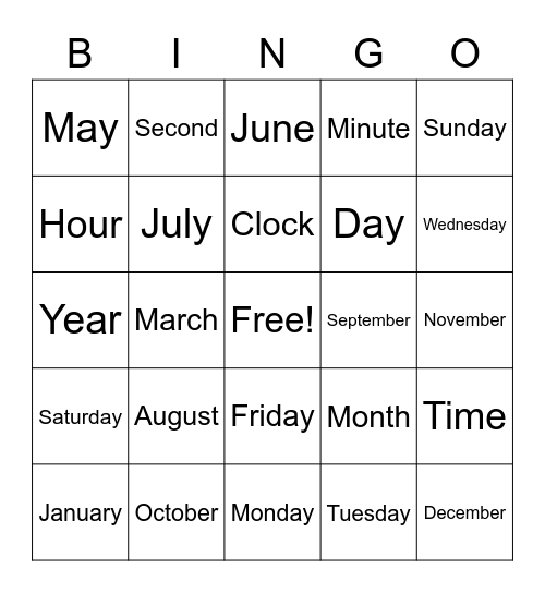 Days, Months, Times Bingo Card