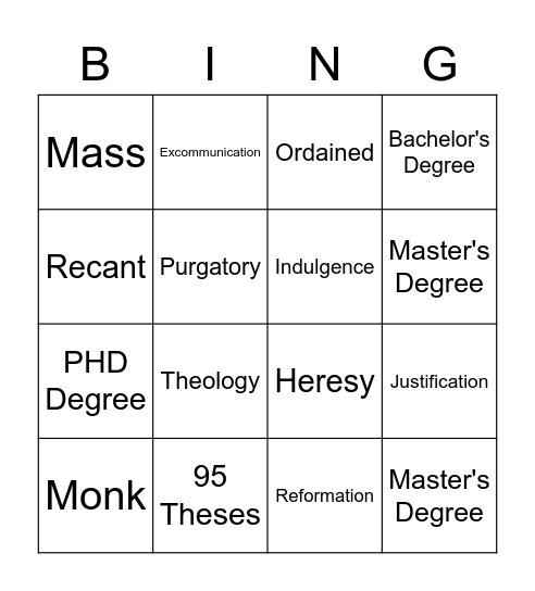 Martin Luther Bingo Card