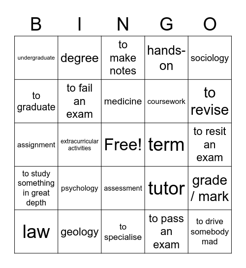 Gateway B2 Unit 1 Vocabulary Bingo Card