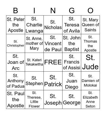 Saints Bingo Card