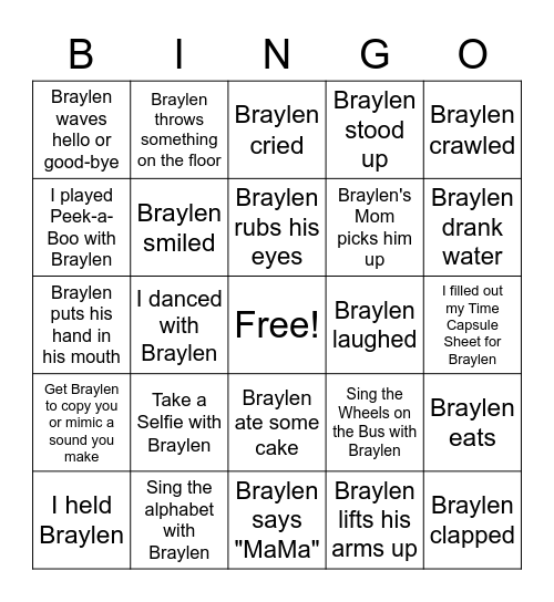 All About Braylen Bingo Card