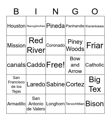 Texas History Bingo 1 - 6 Bingo Card