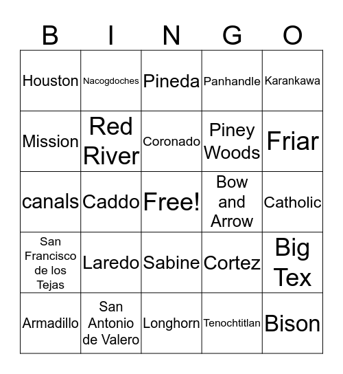 Texas History Bingo 1 - 6 Bingo Card