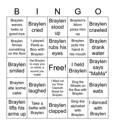 All About Braylen Bingo Card