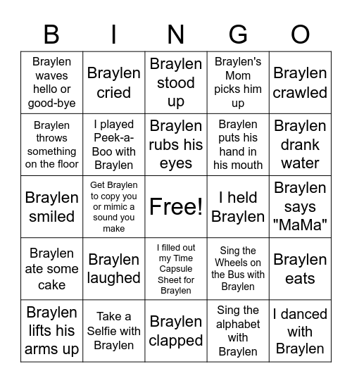 All About Braylen Bingo Card