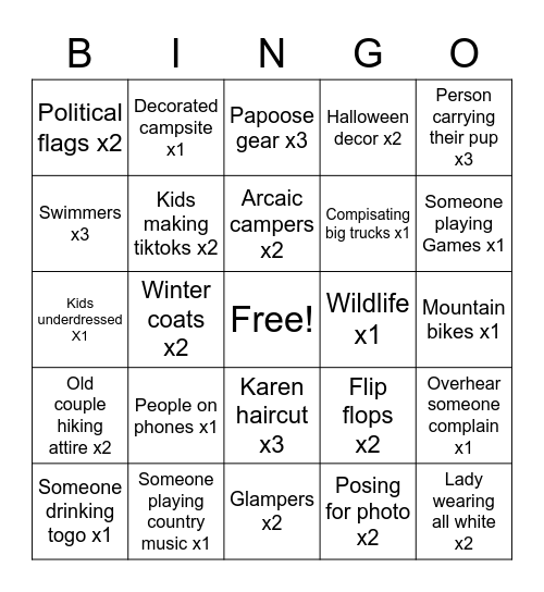 Campground bingo Card