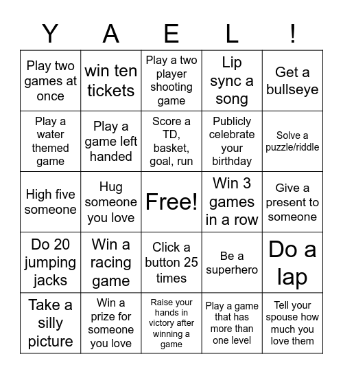 Yael's Bday Bingo Card