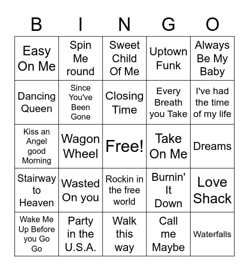 Popular Music Bingo Card