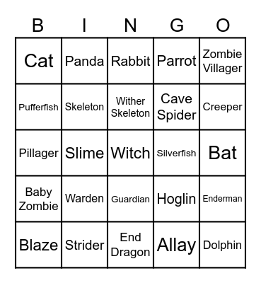 Minecraft Mob Bingo Card