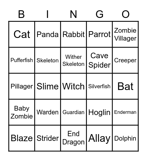 Minecraft Mob Bingo Card