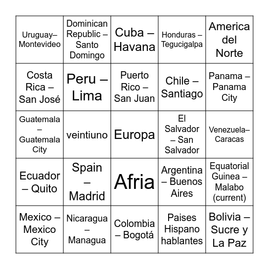 Paises y capitales hispano hablantes Bingo Card