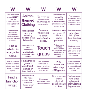 wwwwwwwwwwwwwwwwwwwwww Bingo Card