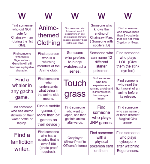 wwwwwwwwwwwwwwwwwwwwww Bingo Card