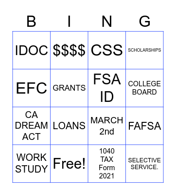 $ FINANCIAL AID $ Bingo Card