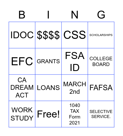 $ FINANCIAL AID $ Bingo Card