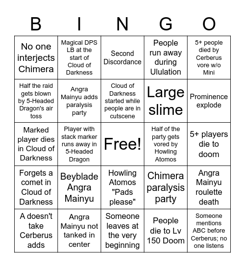 FFXIV World of Darkness Alliance Raid Bingo Card