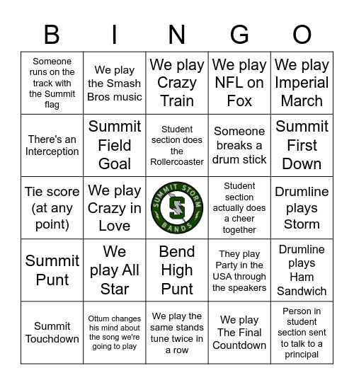 Summit Pep Band Bingo 10/7 Bingo Card