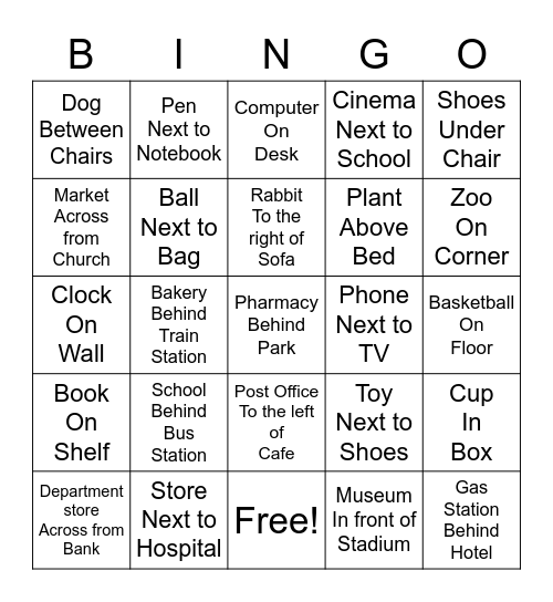 Prepositions of Place Bingo Card