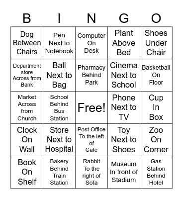 Prepositions of Place Bingo Card