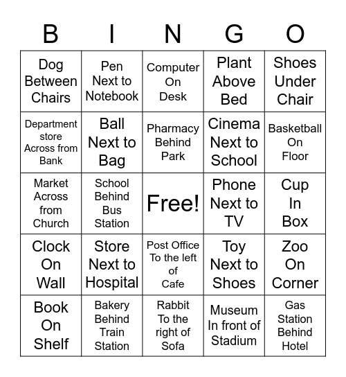 Prepositions of Place Bingo Card