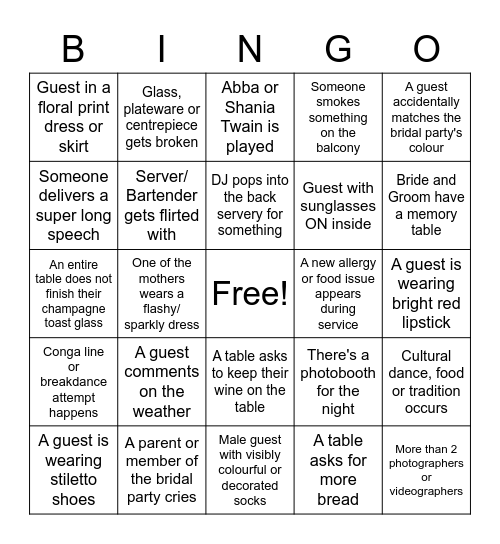 DVGCC WEDDING BINGO Card