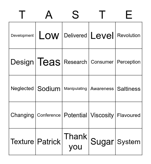 Texture and Taste Bingo Card