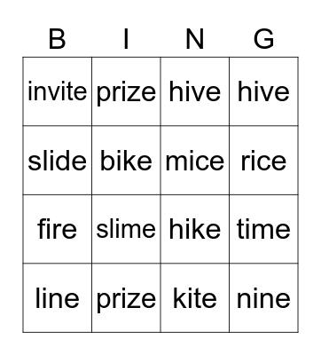 Magic e with i Bingo Card