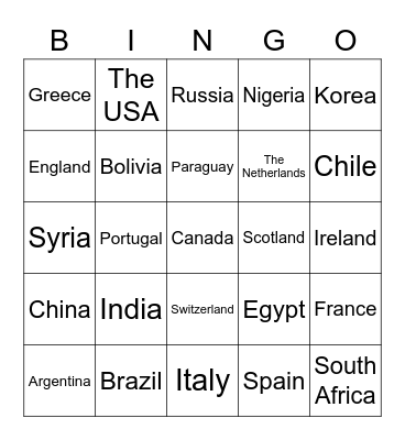 Countries Bingo Card