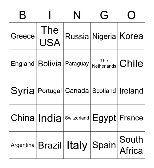 Countries Bingo Card