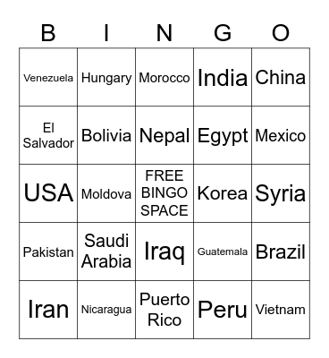 Countries Bingo Card