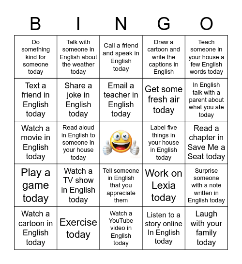 Practice  English at Home Bingo Card