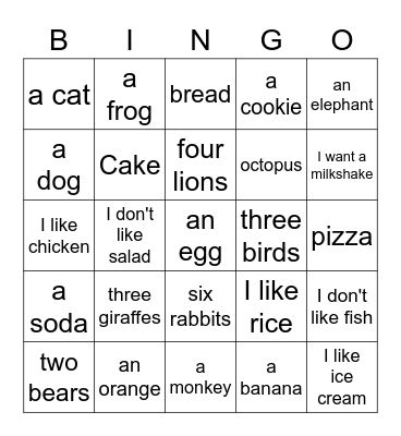 Animals and Food Bingo Card