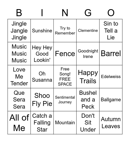 Fall Music Bingo Card