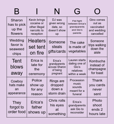 Giovanni & Erica’s Wedding 10/8/22 Bingo Card