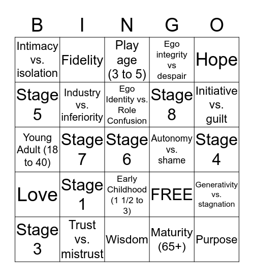 Life Span Bingo Card