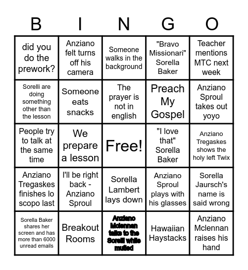 Sorella Bakers class Bingo Card