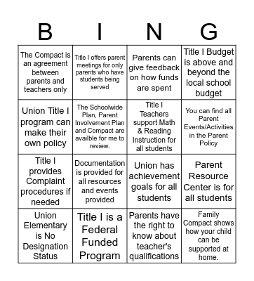 Title I TRUE/FALSE Bingo Card