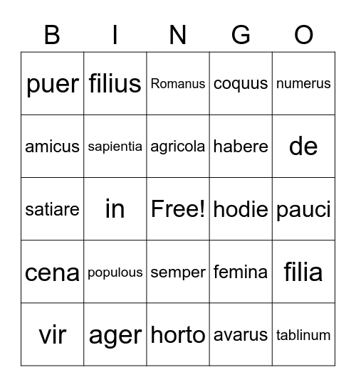 2nd Declension Masculine Nouns Bingo Card