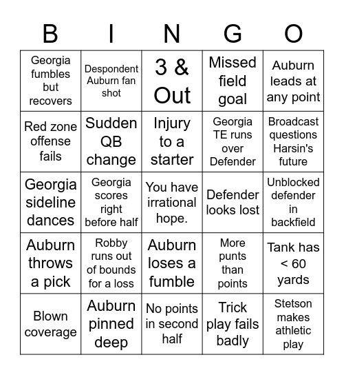 Auburn vs Georgia Vol. 127 Bingo Card