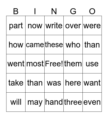 2nd Grade Sight Words Bingo Card