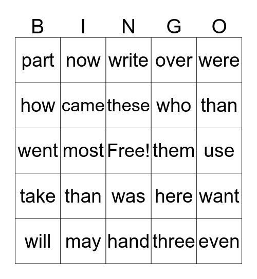 2nd Grade Sight Words Bingo Card