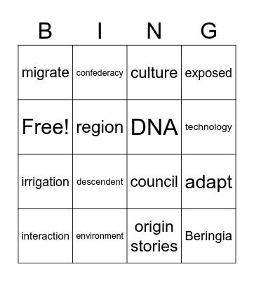 Native American Vocabulary Bingo Card