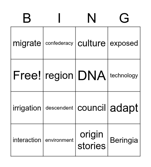 Native American Vocabulary Bingo Card