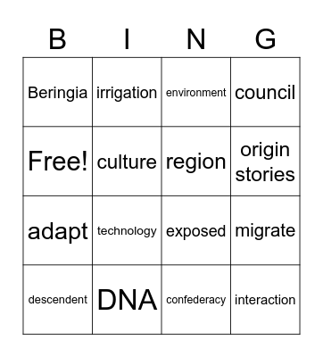 Native American Vocabulary Bingo Card