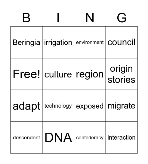 Native American Vocabulary Bingo Card