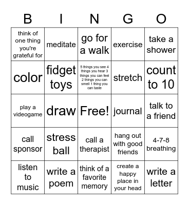 The Camp Coping Skills Bingo Card